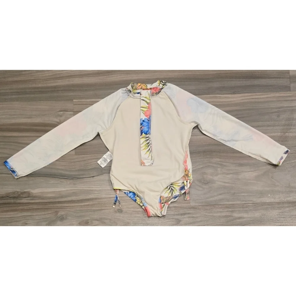 Wonder Nation Floral Rashguard One-Piece Swimsuit Size 6 Long Sleeve Zip Front